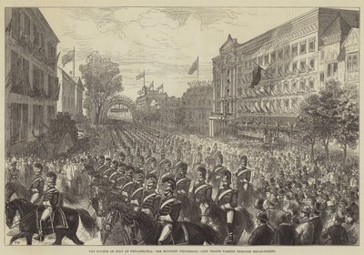 Der vierte Juli in Philadelphia, die Militärparade, Stadtsoldaten marschieren durch die Broad-Street von Walter Paget